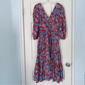 Caroline Constas Frenchie Floral Print Midi Dress Cotton V Neck Smocked Boho